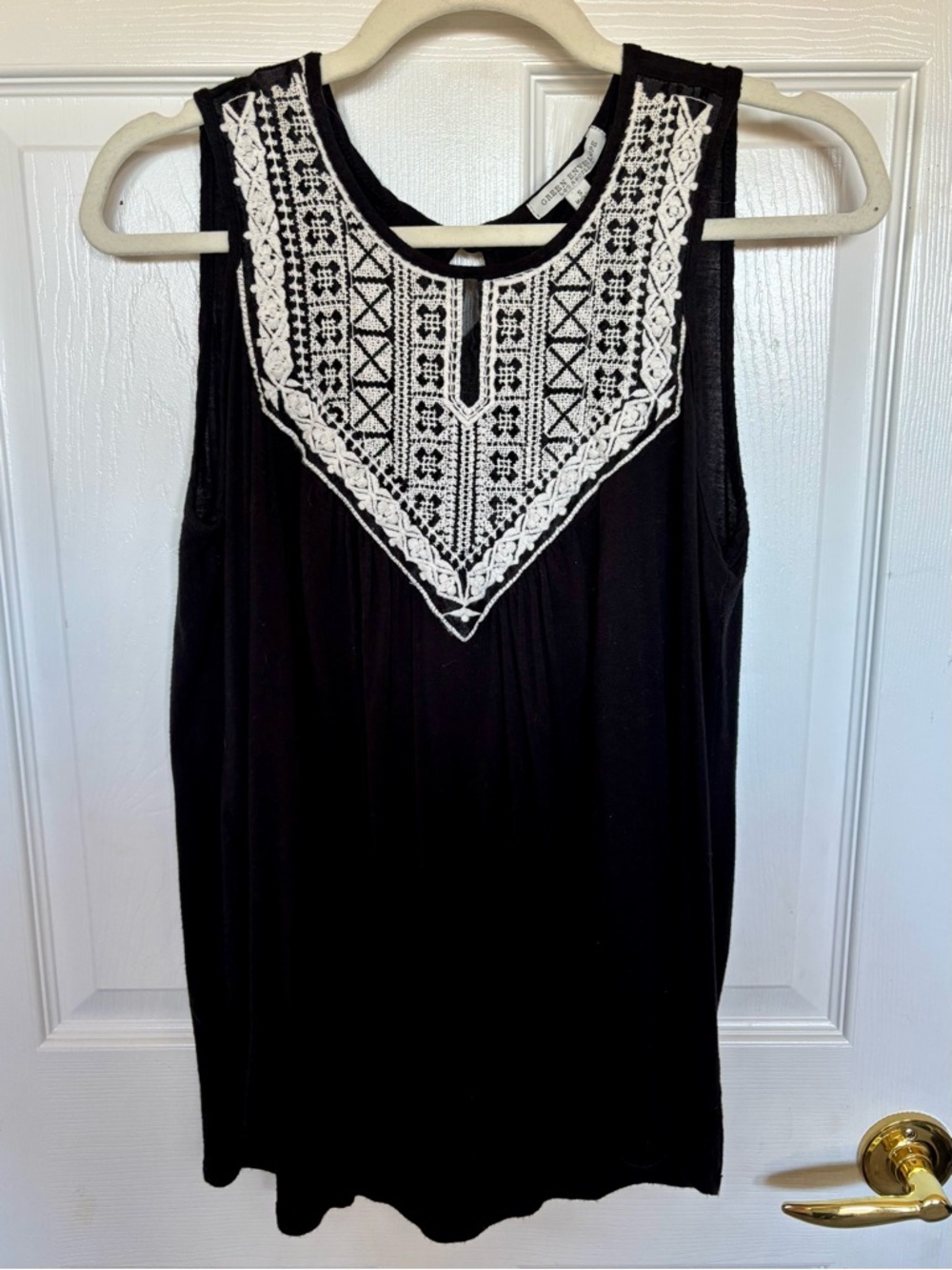 Black Sleeveless Top with White Embroidered Yoke